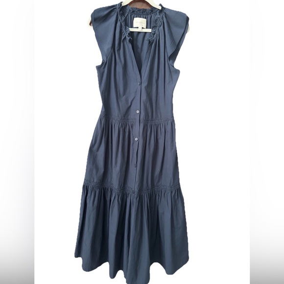 BROCHU WALKER XS Santorini Midi Dress Navy flutter sleeve tiered with pockets - Picture 1 of 7
